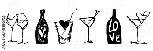 Hand drawn valentine drinks and cocktails with champagne bottles for romantic dates and celebrations