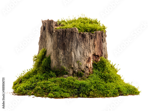 Moss covered ancient tree stump isolated on transparent background