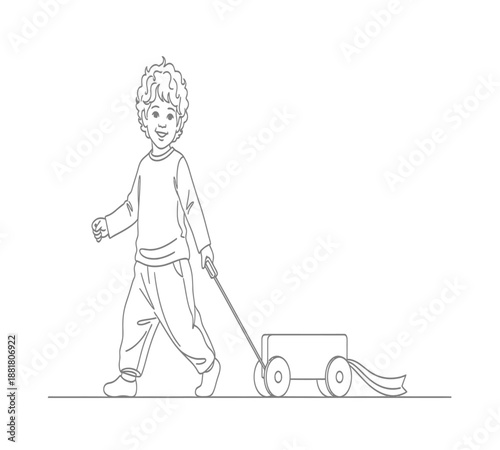A cheerful young boy happily pulls a wooden wagon along a simple flat surface
