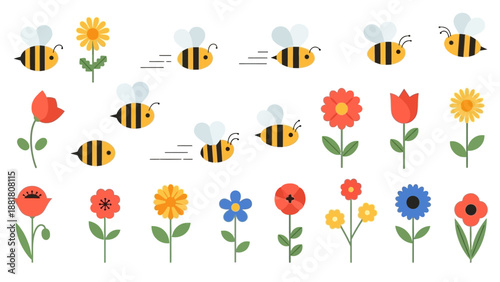 Colorful Cartoon Bees Flying Around Flowers.