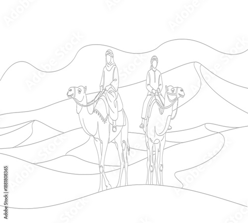 Two people riding camels across a desert landscape in a simple line drawing style