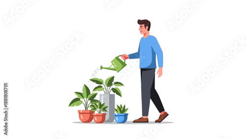 Man Watering Plants with Green Watering Can.