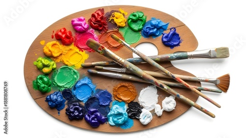 A vibrant artist's palette, adorned with a spectrum of vivid paints and brushes, symbolizes creativity and artistic expression.