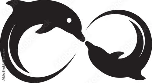 Two dolphins jumping in circular motion forming infinity symbol silhouette vector graphic