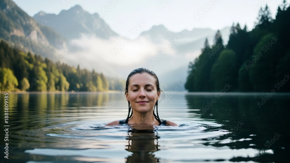Fototapeta premium Woman relaxing in a calm lake with closed eyes. Peaceful morning dip in natural water body. Concept of wellness, nature connection and mental health.