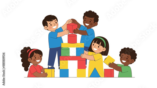 Diverse children building, colorful blocks, kids playing, teamwork, educational toys