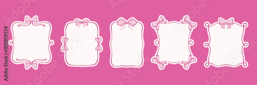 Hand-drawn vector frames with pink ribbons and bows. Elegant line art borders in romantic and feminine style. Decorative elements with vintage charm. Vector illustration