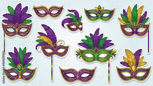 Colorful Mardi Gras Masks on Sticks Isolated on White Background