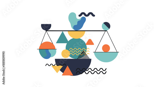 Vibrant abstract scales with colorful geometric shapes on white background symbolizing balance and harmony