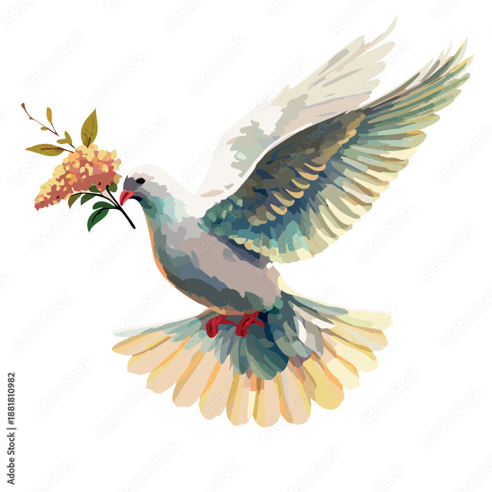 Obraz premium oil painting of a white dove flying gracefully through a dreamy pastel sky, carrying a delicate a floral branch in its beak,
