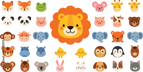 Cute cartoon animal face icon collection with lion, panda, elephant, giraffe and pets, flat vector character set illustration
