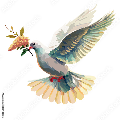 oil painting of a white dove flying gracefully through a dreamy pastel sky, carrying a delicate a floral branch in its beak,