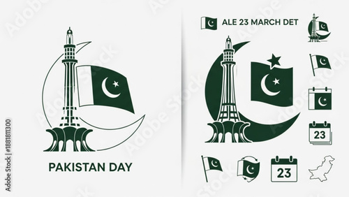 Pakistan Day Minar-e-Pakistan Illustration with Flag and Crescent Moon
