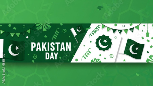 Pakistan Day Celebration Banner with Green and White Flags