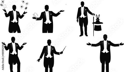 Stage magician silhouettes collection isolated black illusionist performer magic show vector illustration set 