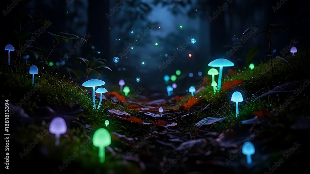 Fototapeta premium Enchanted forest floor illuminated by bioluminescent mushrooms casting a mystical glow in the darkness