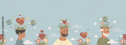 Mental Health Seamless Border. Generations Black Men Wellness Repeatable Pattern. African American Male Psychology. Diverse Life Cycle and Inner Peace. Vector Horizontal Flat Illustration