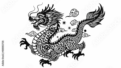 Intricate black and white illustration of a traditional Chinese dragon with decorative scales and clouds.