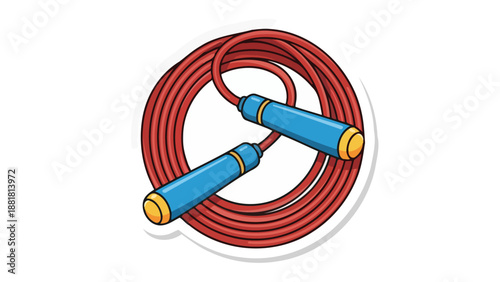 A coiled red jump rope with blue and yellow handles, isolated on a white background.