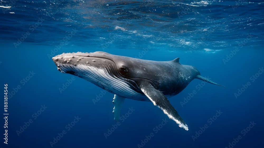 Fototapeta premium Majestic Humpback Whale Swimming Gracefully in Deep Blue Ocean Waters Near Sunlit Surface
