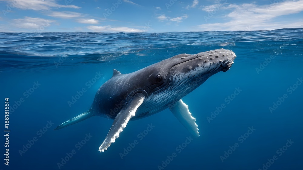 Fototapeta premium A majestic humpback whale swims near the ocean surface under a cloudy blue sky