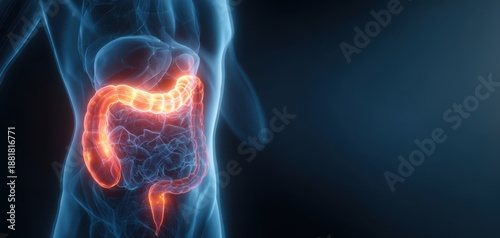 The colon highlighted in glowing red within a transparent human torso anatomy illustration