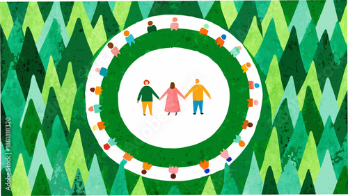 People holding hands in a circle with trees in the background illustration