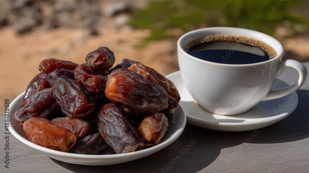 Obraz premium A cozy scene unfolds as a cup of rich coffee rests beside a plate brimming with sweet dates. This charming setup invites savoring flavors and enjoying tranquil moments in nature