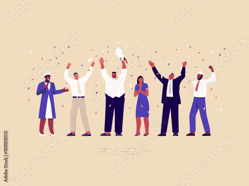 Celebrating success a diverse team rejoices with confetti falling from above