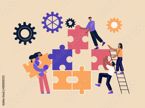 Teamwork and problem solving illustrated with gears puzzles and people