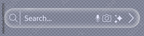 Transparent glass search bar and navigation button. Vector elements imitating liquid glass for modern user interfaces or website designs.