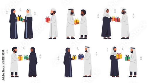 Diverse people in traditional middle eastern attire exchanging gifts