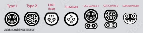 Types of electric vehicle plugs. standard charging connector plug and socket. Connectors for electric vehicles. electric car charge