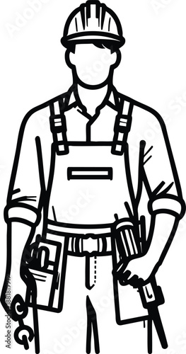 Construction worker in hard hat and overalls holding tools simple line art illustration for building industry and renovation concepts