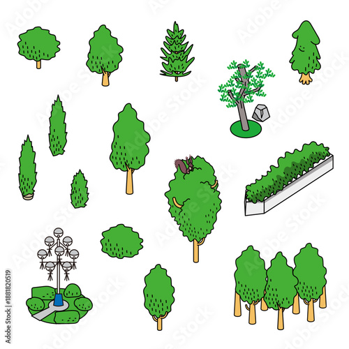 さまざまな種類の木をまとめたシンプルなイラスト素材セット