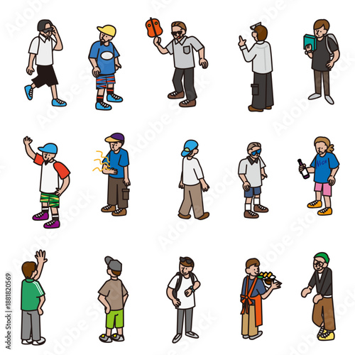 日常やアウトドアシーンで使える多様な人物ポーズのイラスト素材セット