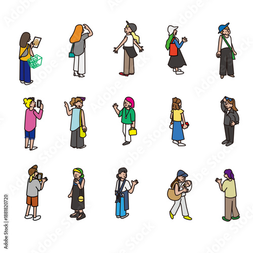 外出や街歩きシーンで使えるさまざまな女性の人物イラスト素材セット