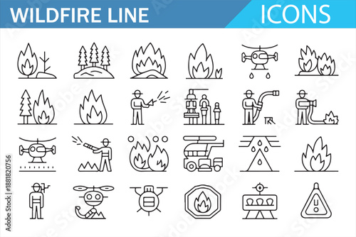 Wildfire firefighting and emergency response line icon set