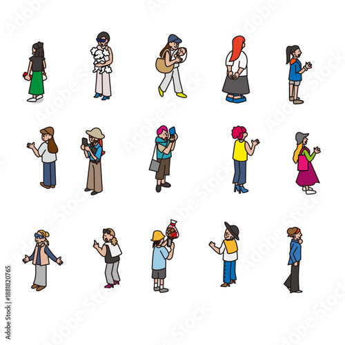 情報を確認したり発信したりする女性の人物イラスト素材セット