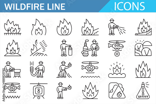 Forest fire wildfire outline icons collection for disaster response