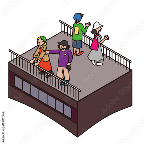 屋上や高台の展望スペースで景色を楽しむ人々のイラスト素材