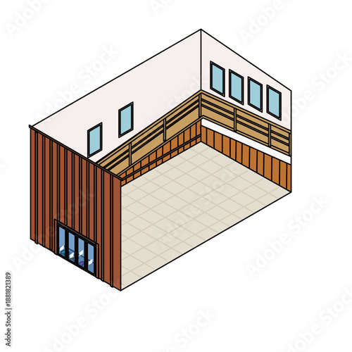 和風建築の屋内スペースを俯瞰で描いたアイソメトリックイラスト素材