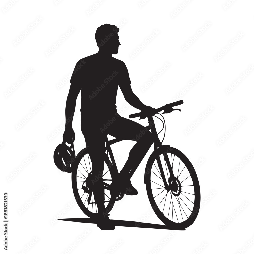Fototapeta premium Silhouette of a man with a bicycle holding a helmet, representing active lifestyle, cycling sports, and eco-friendly urban transportation concept.