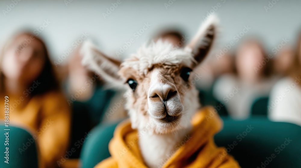Obraz premium A charming llama wearing a hoodie captivates an audience, blending humor and warmth in an unusual classroom setting, celebrating fun and creativity in education.