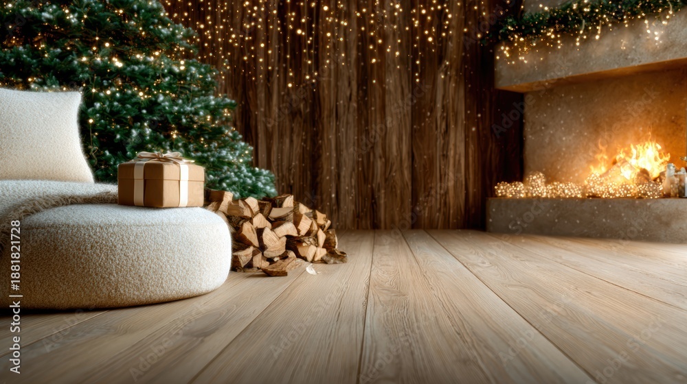 Fototapeta premium A beautifully decorated Christmas living room featuring a cozy sofa, a adorned tree, a warm fire, and a gift that embody the spirit of the holiday season.