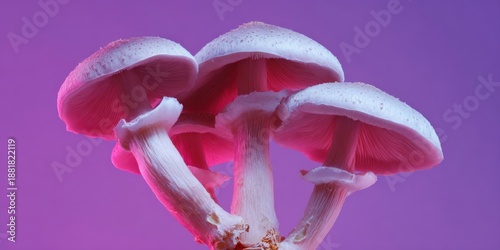 Close-up of white mushrooms on purple background with pink light