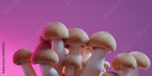 Cluster of brown mushrooms against a vibrant pink background