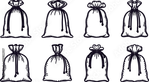 Eight hand drawn black and white sacks with strings on white background  various styles