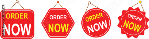 Set of four red hanging signs with yellow text ordering customers to buy now