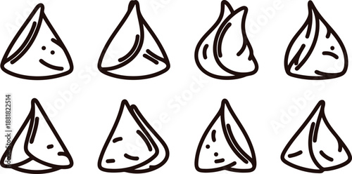 Set of eight cartoon dumplings with various happy and sad expressions on white background